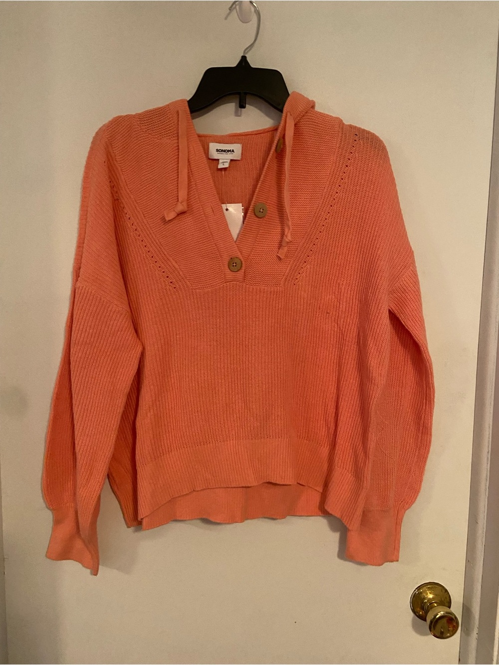 Sonoma Coral/Peach Hooded V-Neck Sweater with Button Details